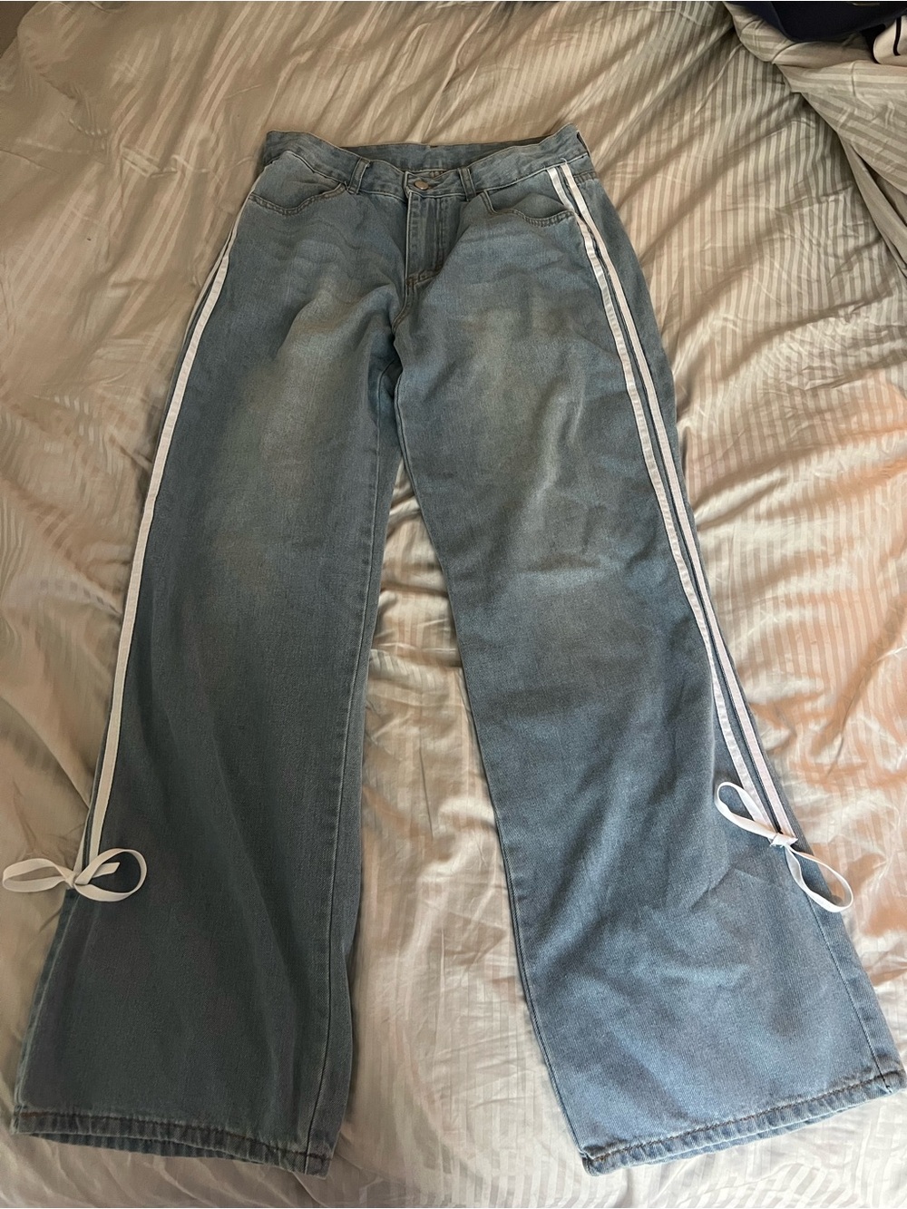 Light Blue Wide Leg Jeans with White Side Stripe